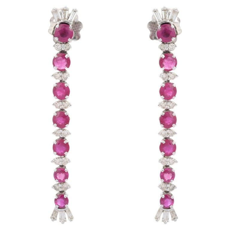 Diamond Ruby Long Dangler Earrings in 18kt Solid White Gold In New Condition For Sale In New York, NY
