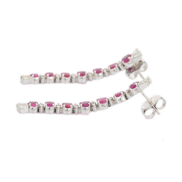 Women's Diamond Ruby Long Dangler Earrings in 18kt Solid White Gold For Sale