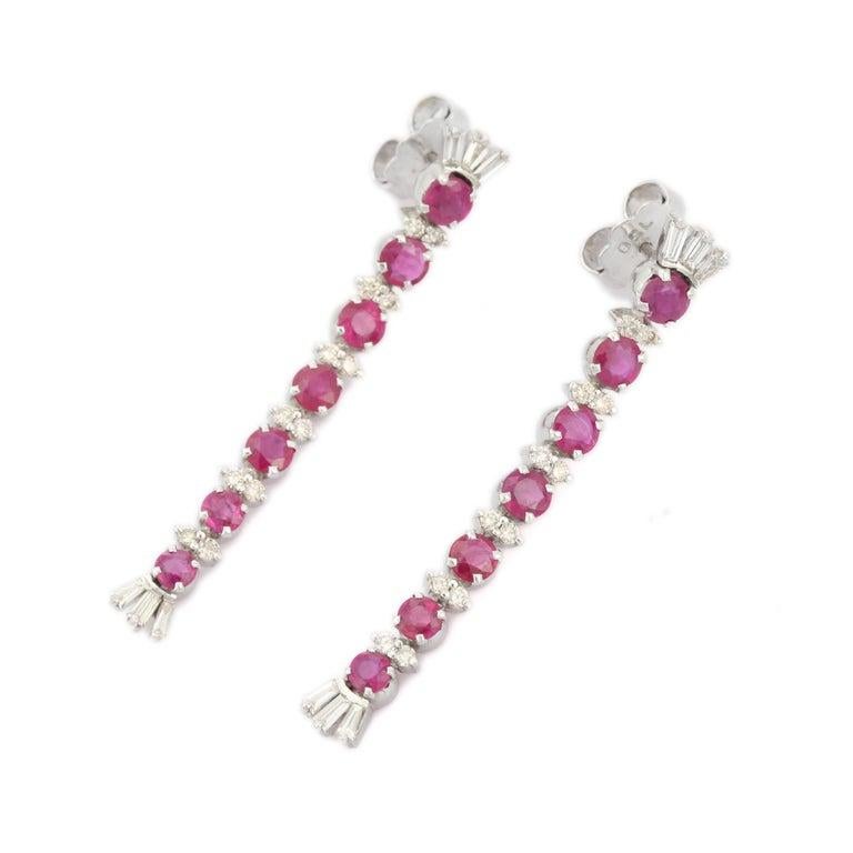 Diamond Ruby Long Dangler Earrings in 18kt Solid White Gold For Sale 1