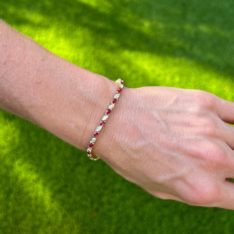 Diamond Ruby Marquise 14 Karat Yellow Gold Line Tennis Bracelet For ...