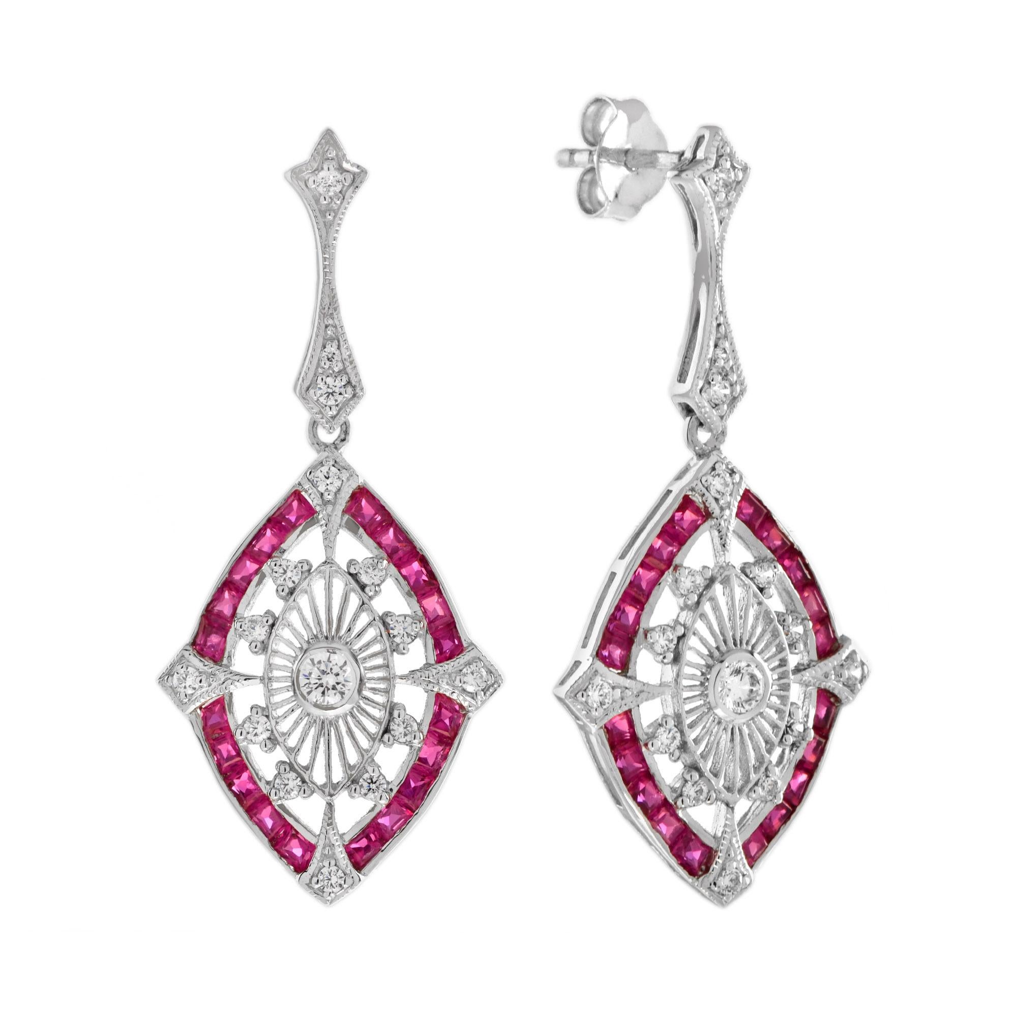 Diamond Ruby Marquise Shape Pendant Earrings Jewelry Set in 14K White Gold In New Condition For Sale In Bangkok, TH