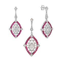 Diamond Ruby Marquise Shape Pendant Earrings Jewelry Set in 14K White Gold