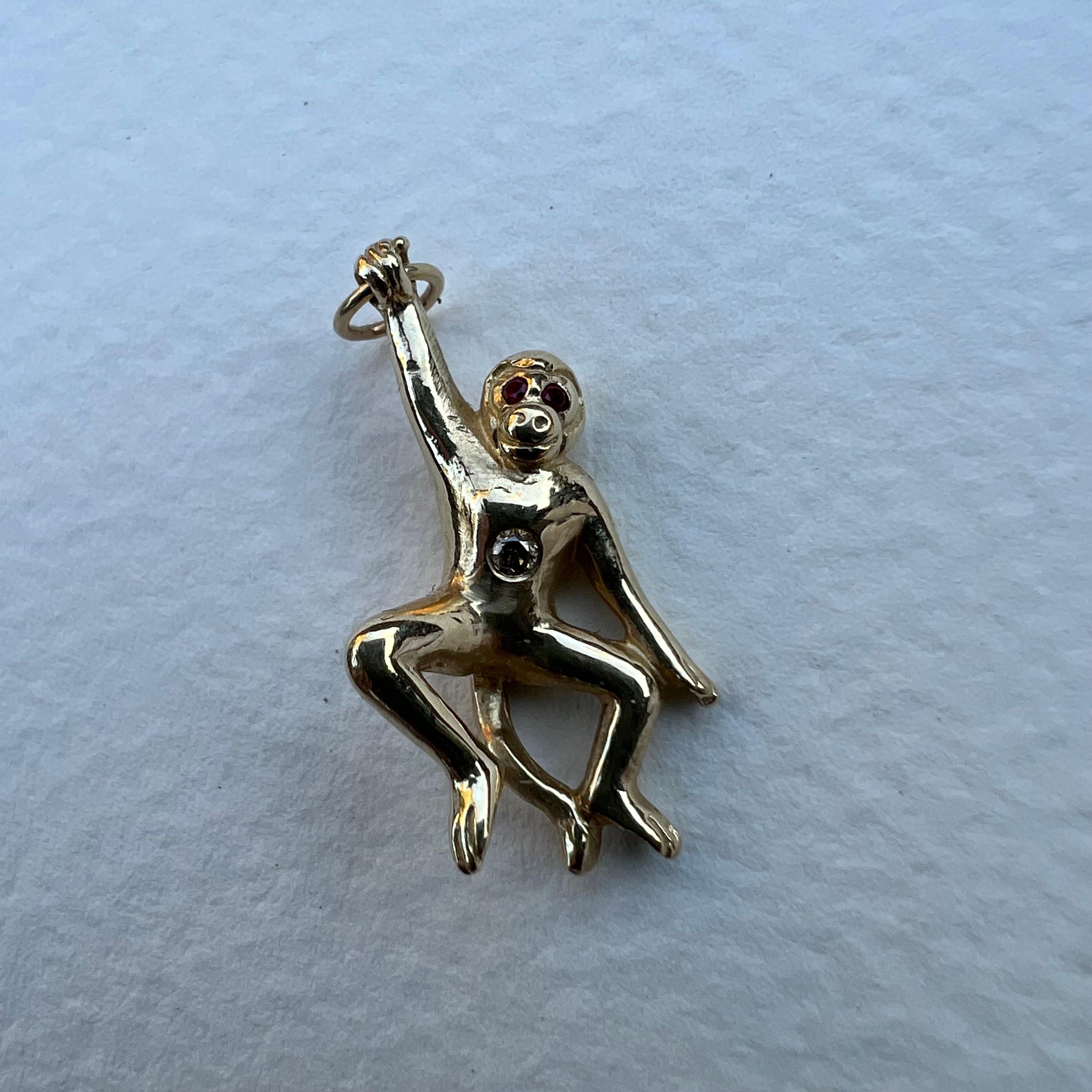 Contemporary Diamond Ruby Monkey Solid Gold Pendant Animal jewelry J Dauphin For Sale