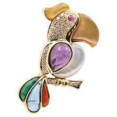 Diamond Ruby Mother-of-pearl Amethyst Gold Toucan Pendant Brooch