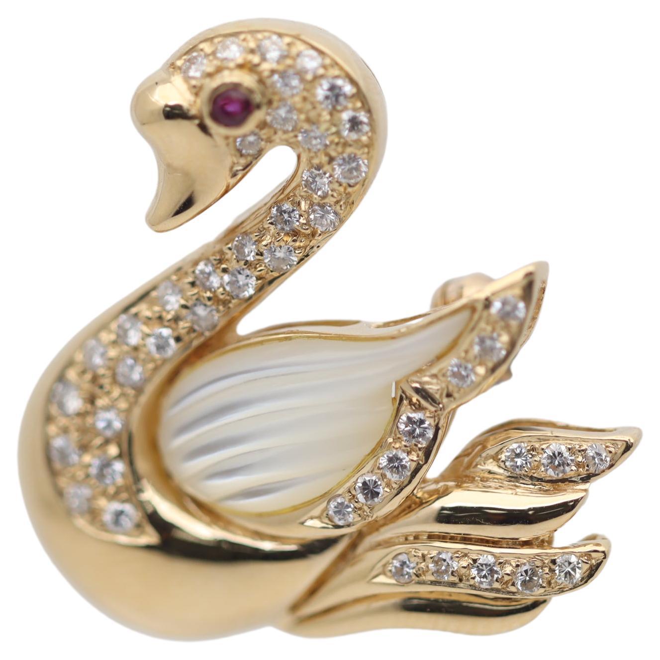 Diamond Ruby Mother-of-Pearl Gold Swan Brooch Pin