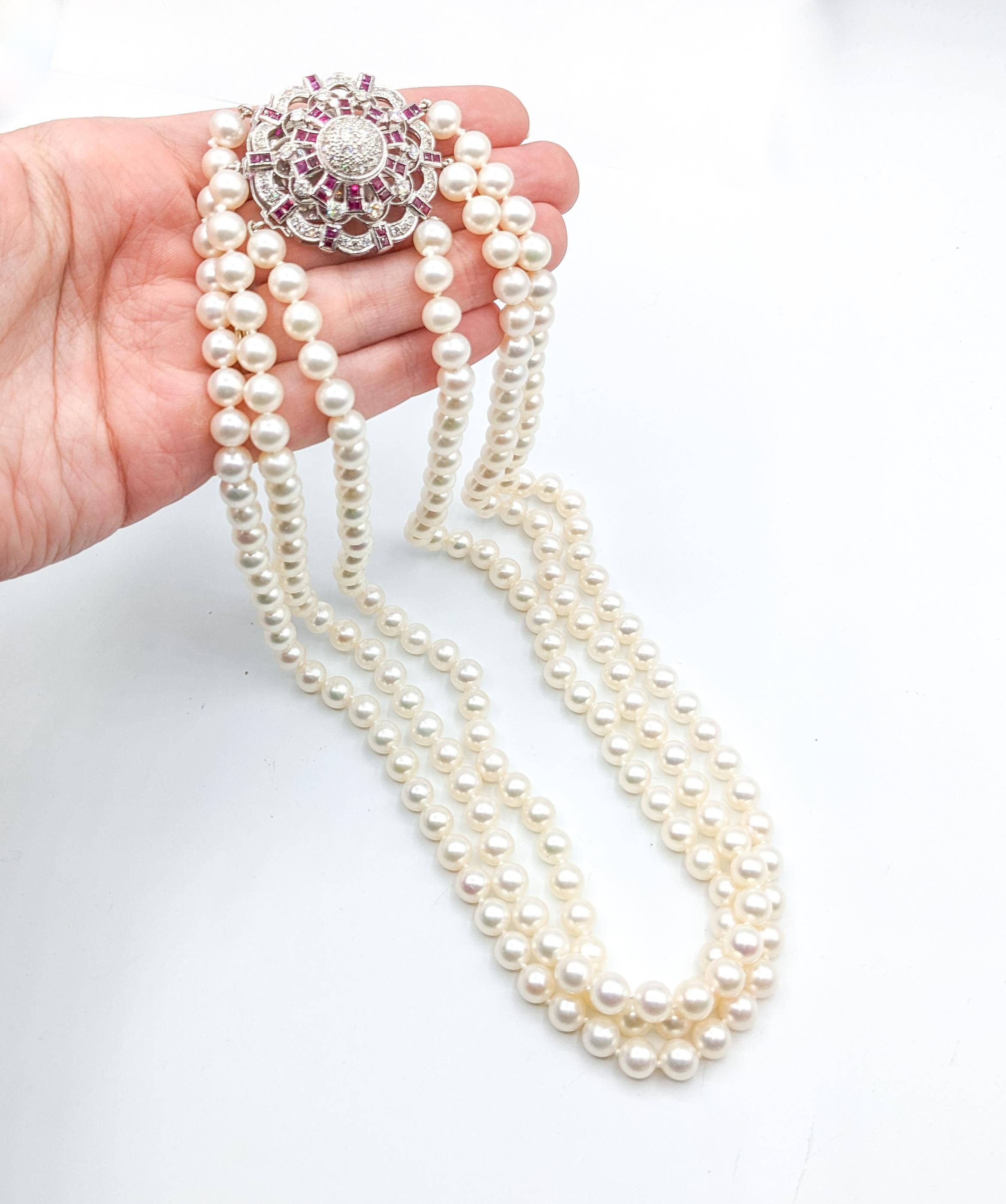 Diamond & Ruby Multi-Strand Akoya Pearl Necklace For Sale 5