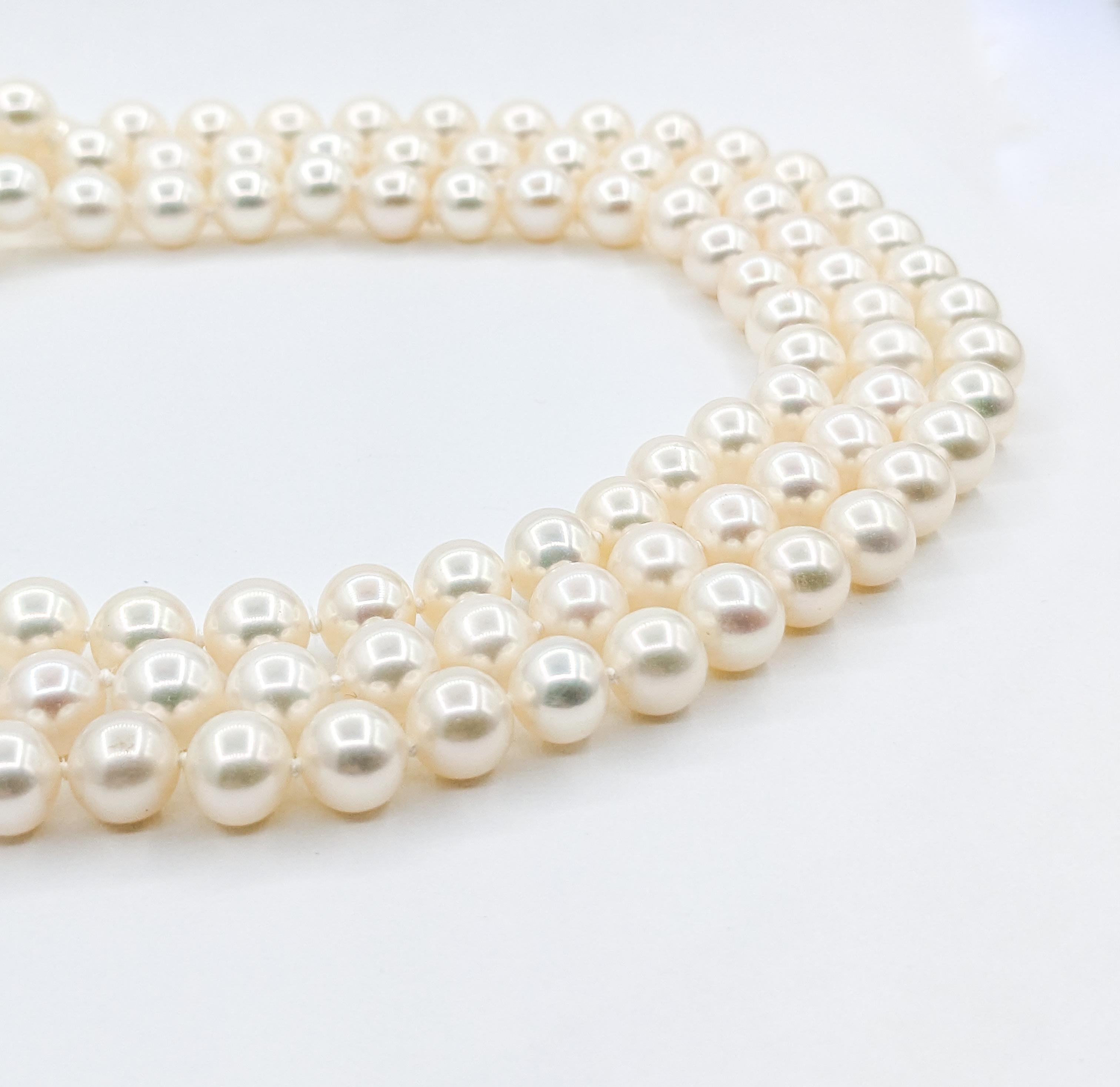 Diamond & Ruby Multi-Strand Akoya Pearl Necklace In Excellent Condition For Sale In Bloomington, MN
