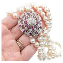 Collier de perles d'Akoya multi-brins avec diamants et rubis