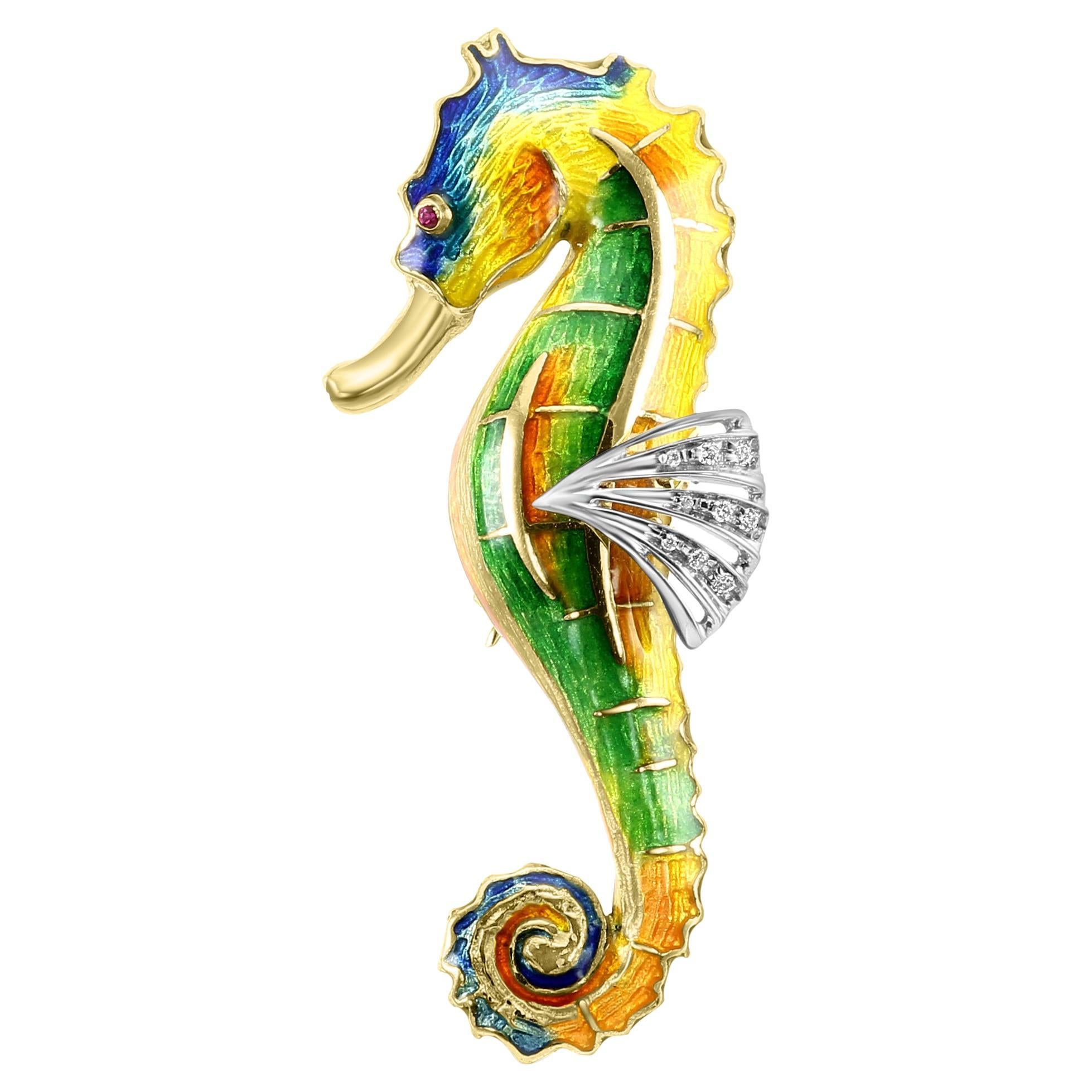 Colgante/broche caballito de mar de oro amarillo de 18 quilates con diamantes, rubíes y esmalte multicolor