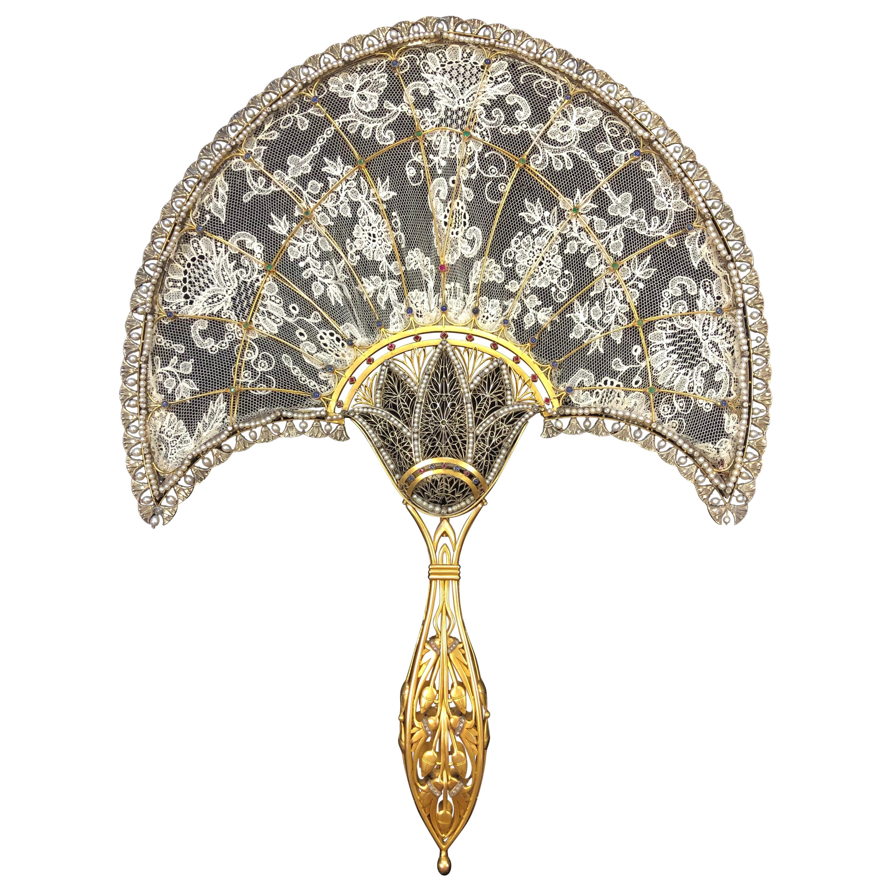 Diamond, Ruby, Natural Pearl, Sapphire and Emerald Set Hand Fan For Sale