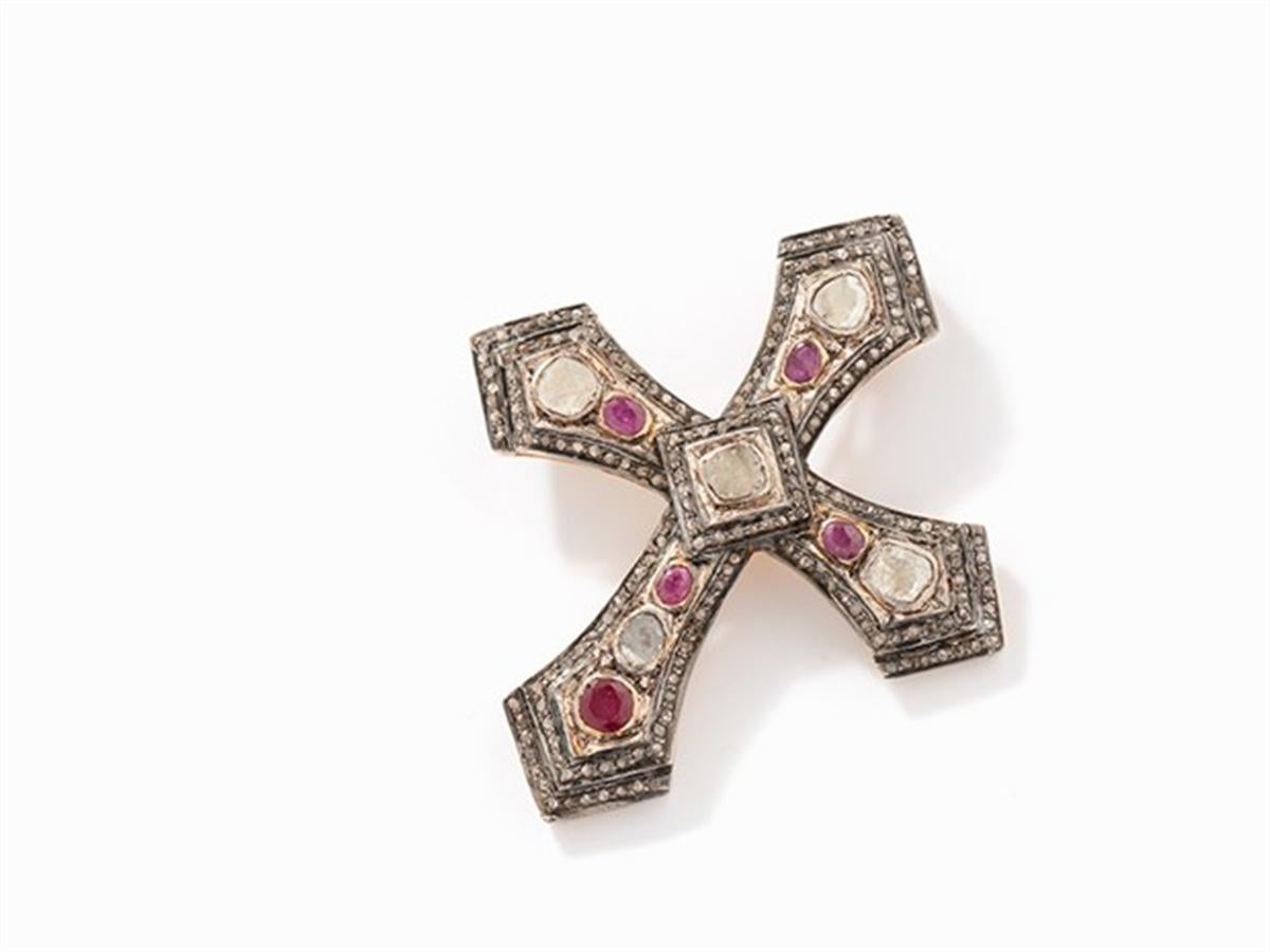 Classical Greek Diamond Ruby Old Cut Gold Silver Cross Pendant