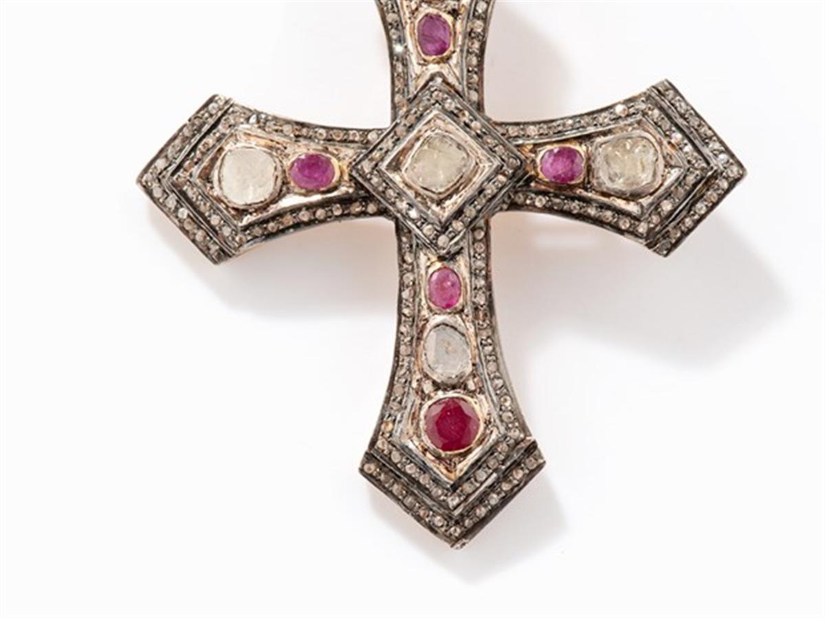Diamond Ruby Old Cut Gold Silver Cross Pendant In Excellent Condition In Bad Kissingen, DE