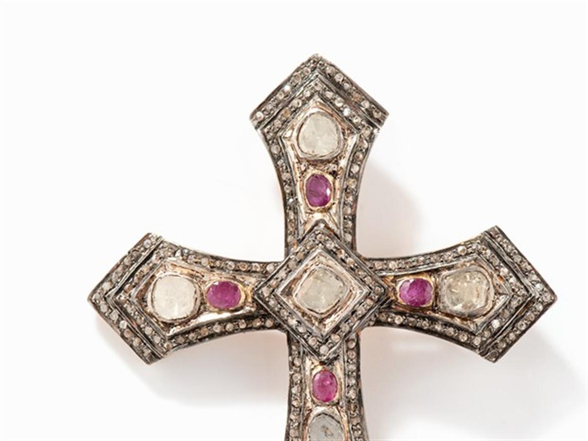 Women's or Men's Diamond Ruby Old Cut Gold Silver Cross Pendant