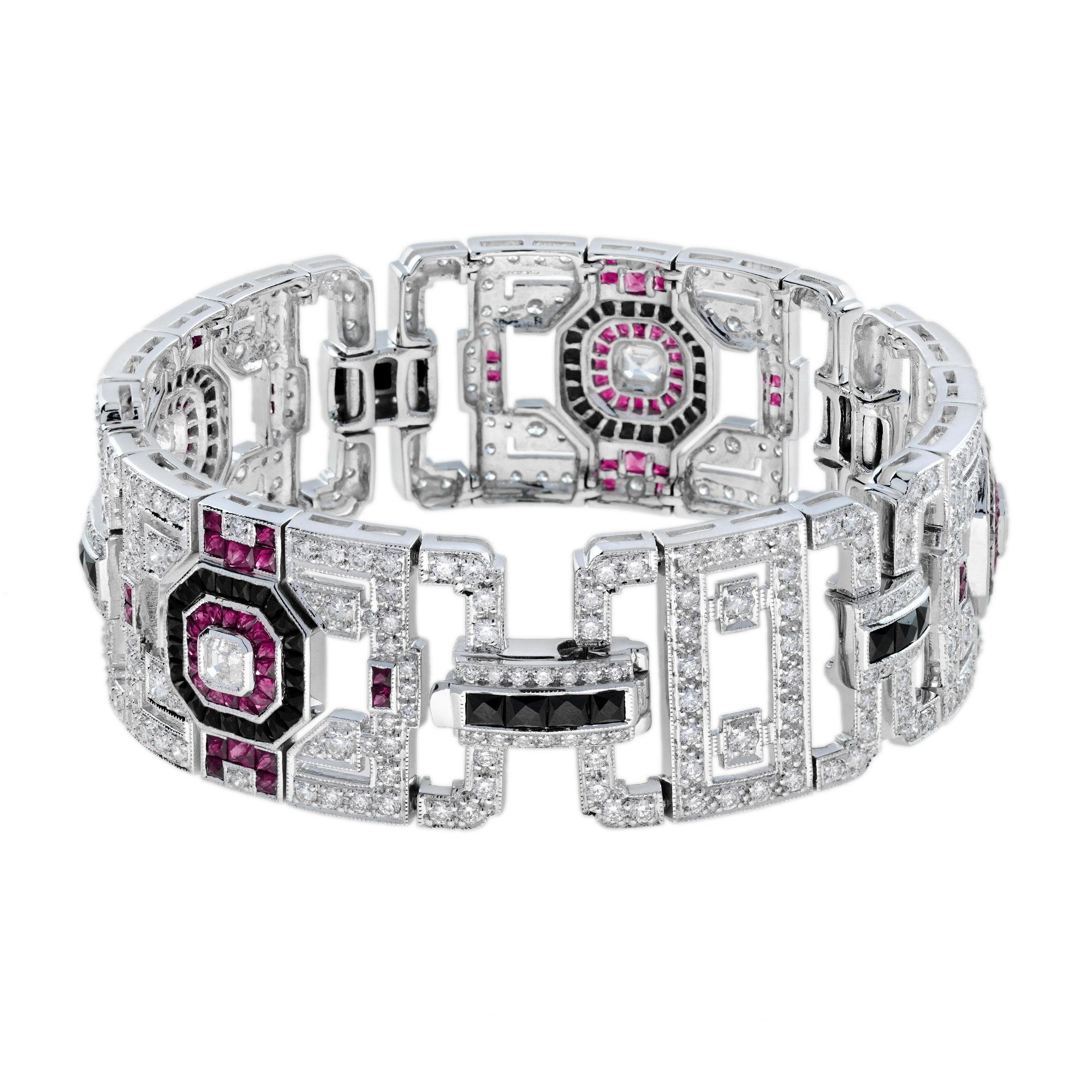 Breites Armband aus 18 Karat Weißgold mit Diamanten, Rubin und Onyx im Art-déco-Stil Damen im Angebot
