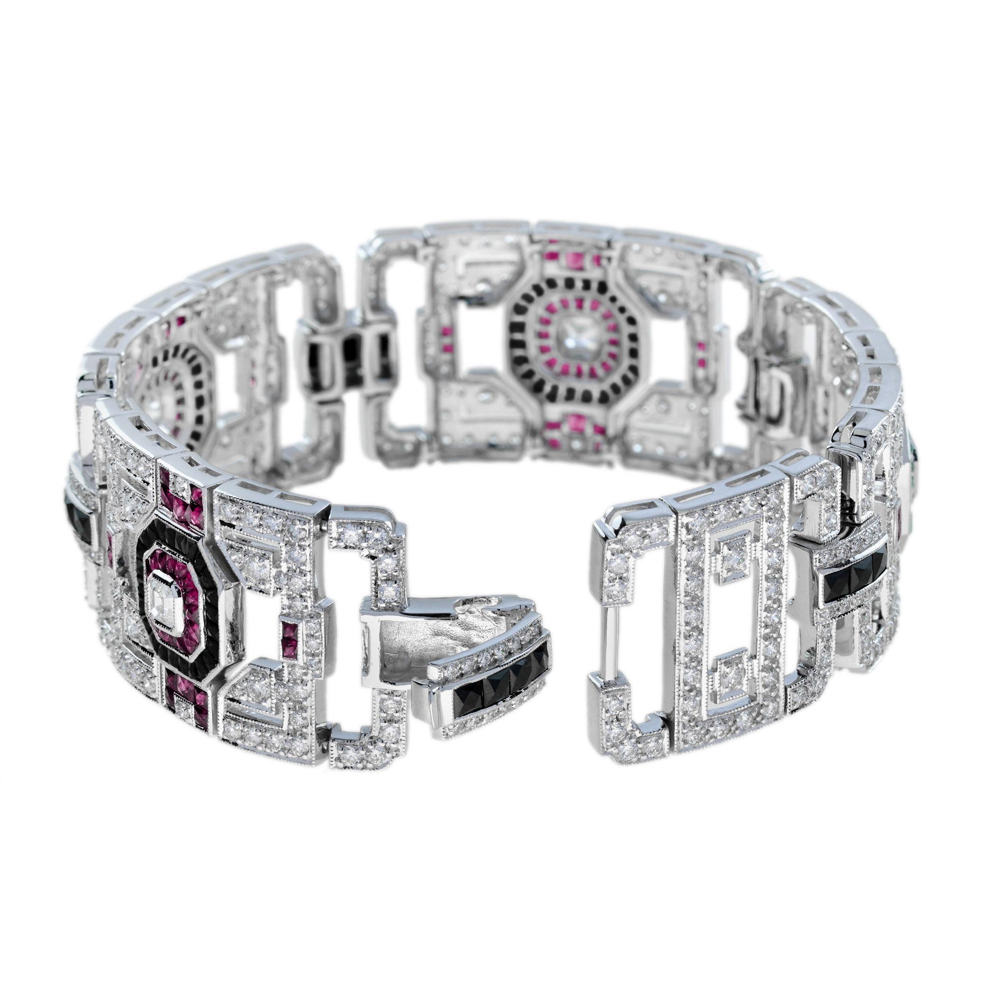 Breites Armband aus 18 Karat Weißgold mit Diamanten, Rubin und Onyx im Art-déco-Stil im Angebot 1