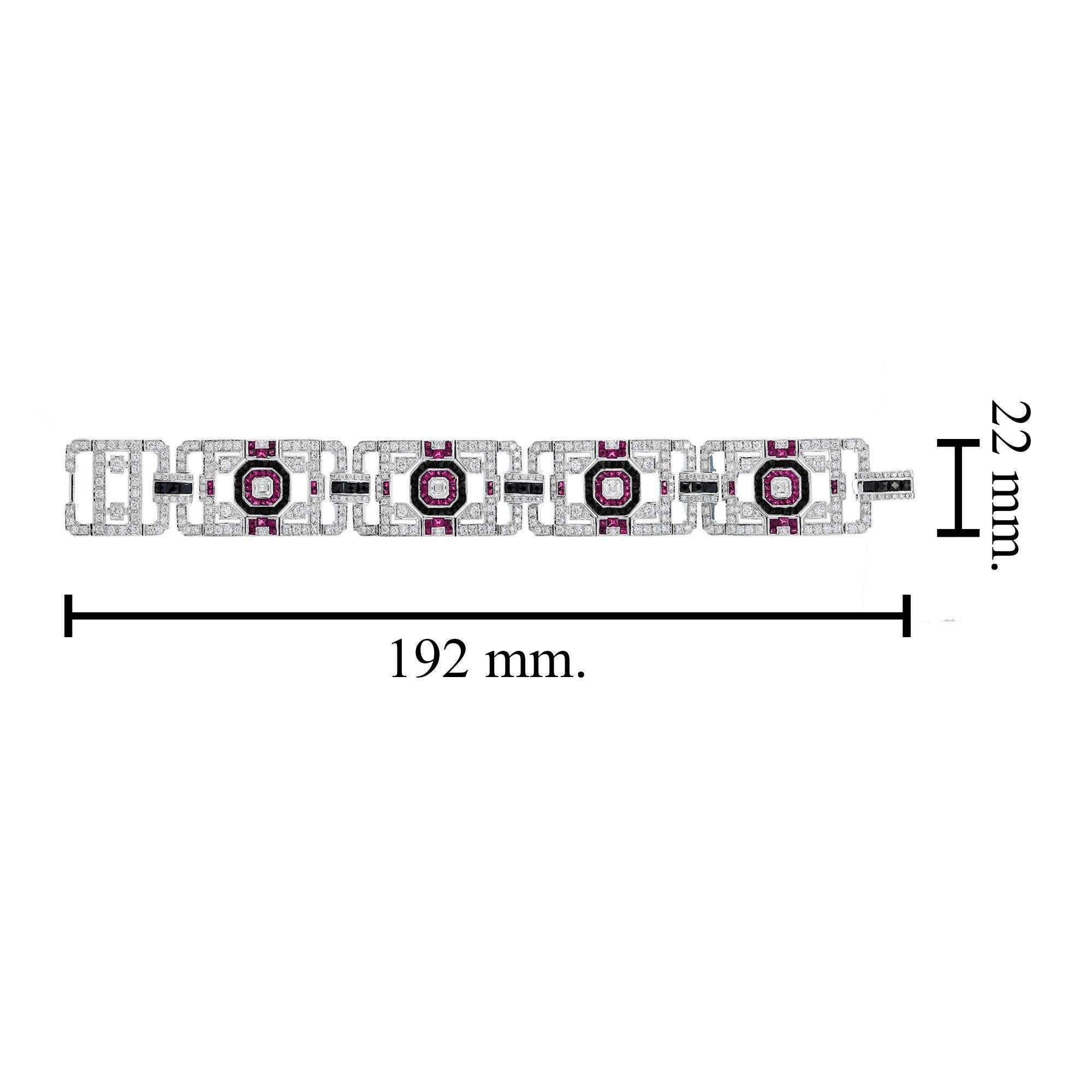Breites Armband aus 18 Karat Weißgold mit Diamanten, Rubin und Onyx im Art-déco-Stil im Angebot 2