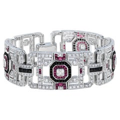 Diamond Ruby Onyx Art Deco Style Wide Bracelet in 18K White Gold