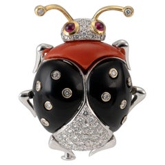 Diamond Ruby Onyx Coral Yellow Gold Ladybird Brooch