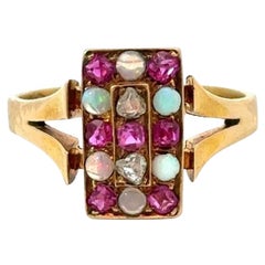 Diamond, Ruby & Opal Antique 18KT Gold Checkerboard Ring
