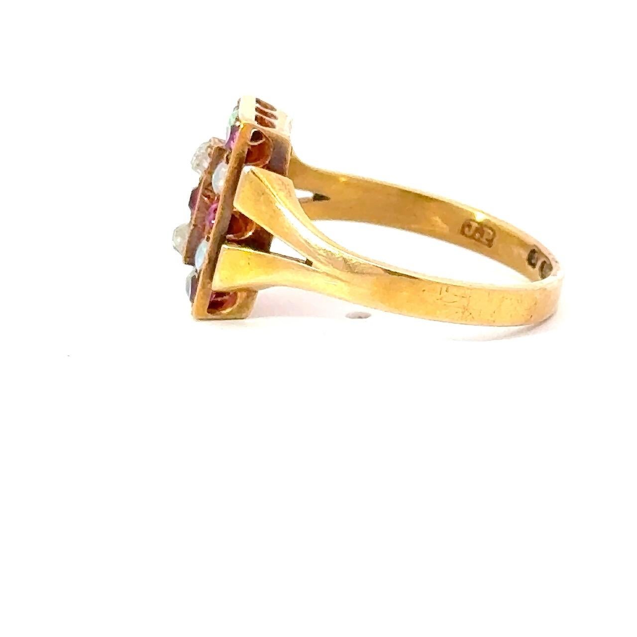 Diamond, Ruby & Opal Antique 18KT Rose Gold Checkerboard Ring For Sale 6