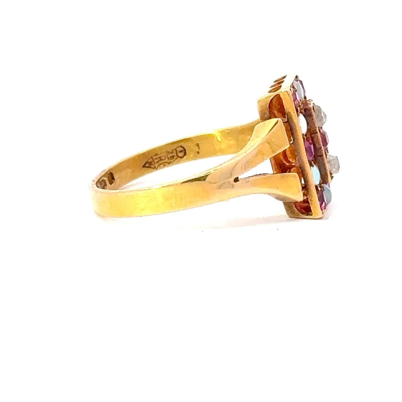 Diamond, Ruby & Opal Antique 18KT Rose Gold Checkerboard Ring For Sale 7