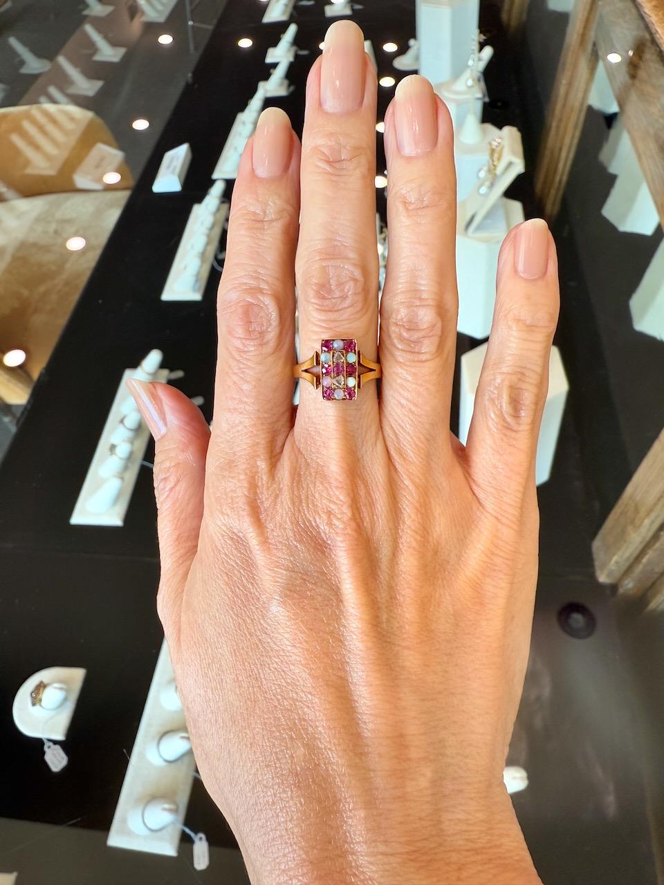 Round Cut Diamond, Ruby & Opal Antique 18KT Rose Gold Checkerboard Ring For Sale