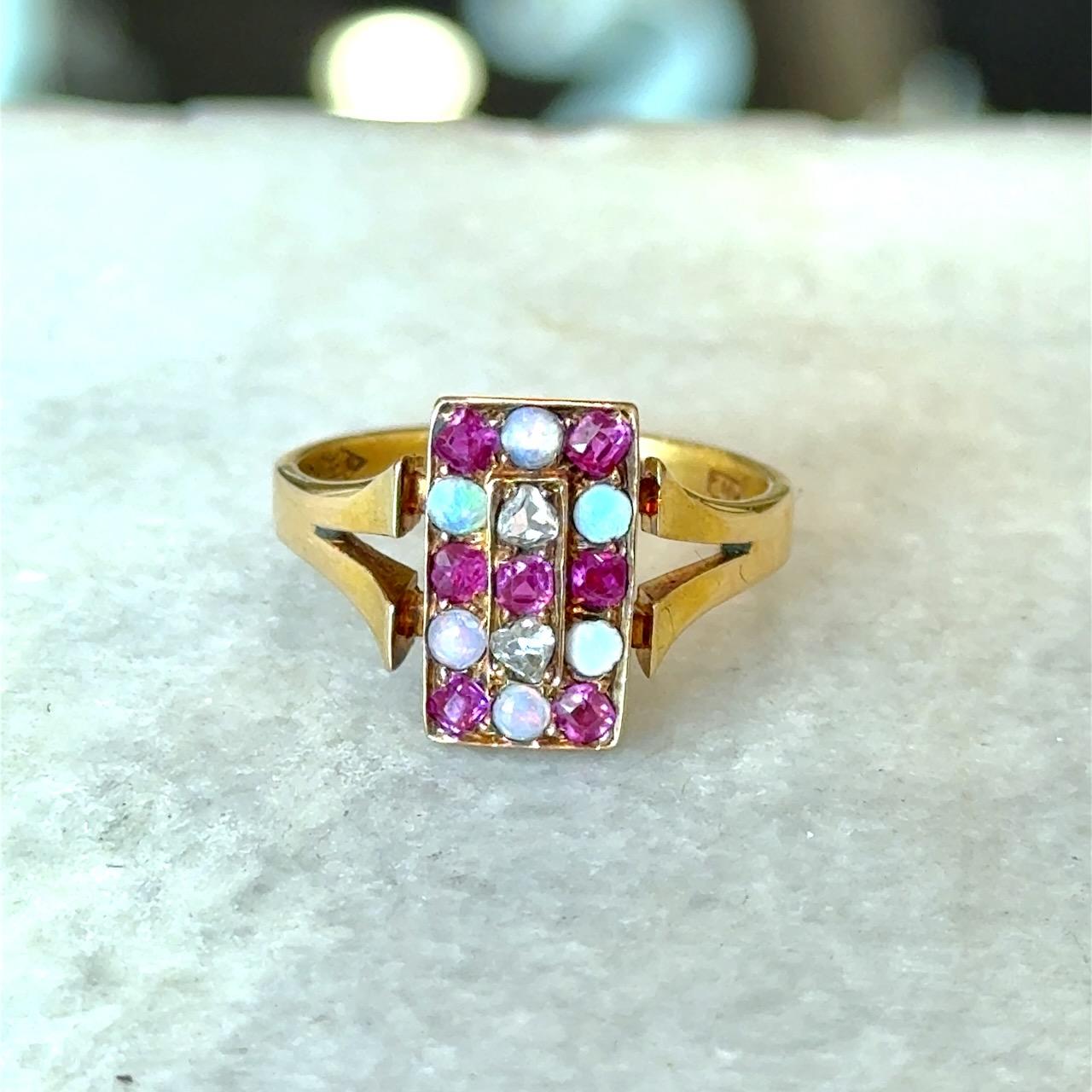Diamond, Ruby & Opal Antique 18KT Rose Gold Checkerboard Ring In Good Condition For Sale In Los Angeles, CA