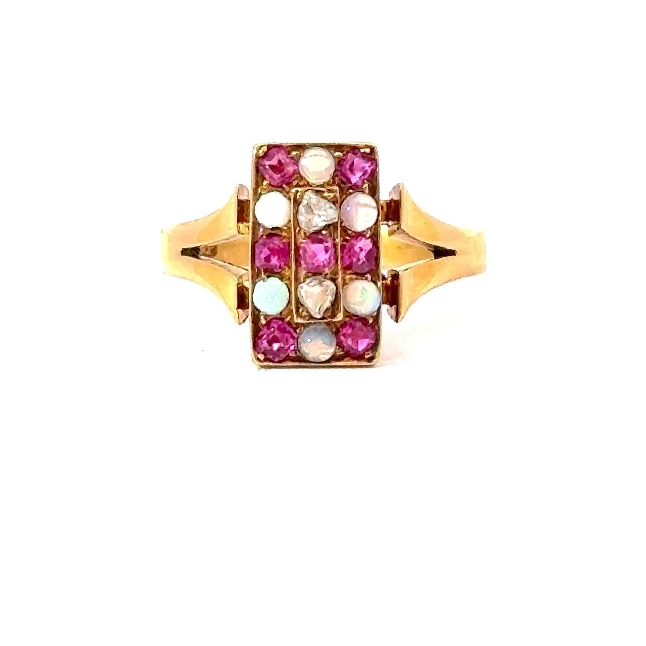 Women's or Men's Diamond, Ruby & Opal Antique 18KT Rose Gold Checkerboard Ring For Sale