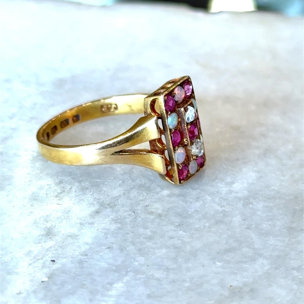 Diamond, Ruby & Opal Antique 18KT Rose Gold Checkerboard Ring For Sale 1