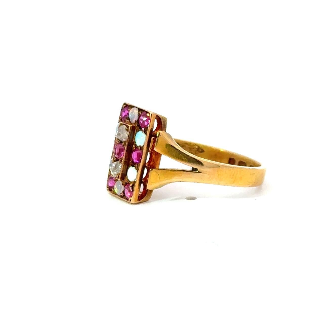 Diamond, Ruby & Opal Antique 18KT Rose Gold Checkerboard Ring For Sale 2