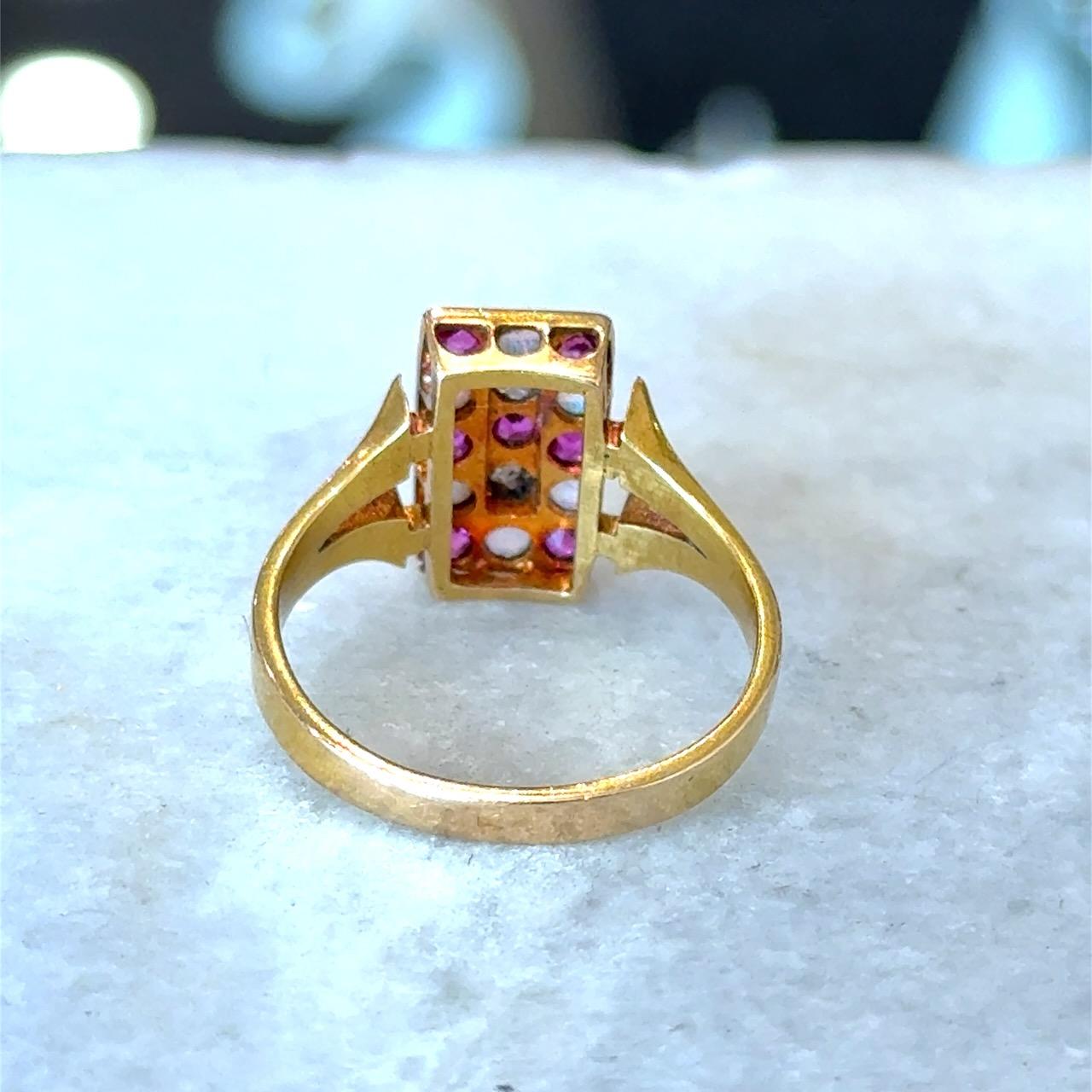 Diamond, Ruby & Opal Antique 18KT Rose Gold Checkerboard Ring For Sale 4