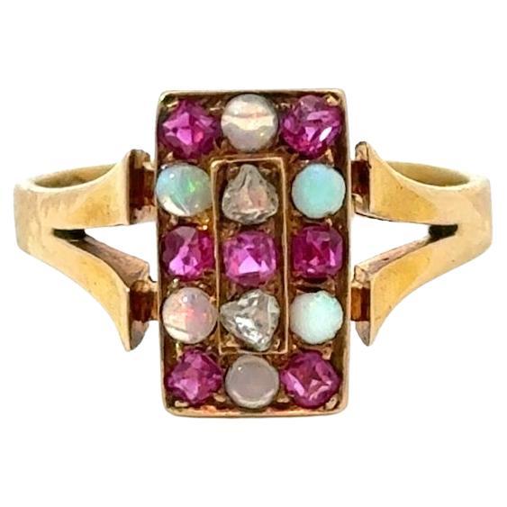 Diamond, Ruby & Opal Antique 18KT Rose Gold Checkerboard Ring For Sale