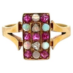 Diamond, Ruby & Opal Antique 18KT Rose Gold Checkerboard Ring