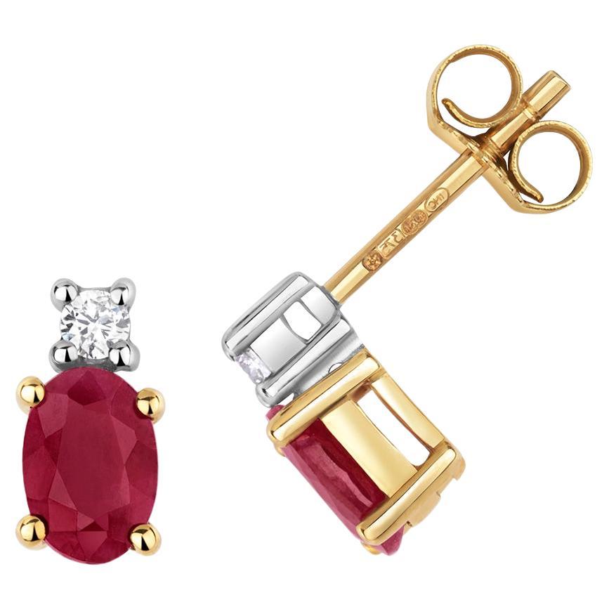 DIAMOND & RUBY OVAL CLAW SET STUDS 9CT Gold For Sale