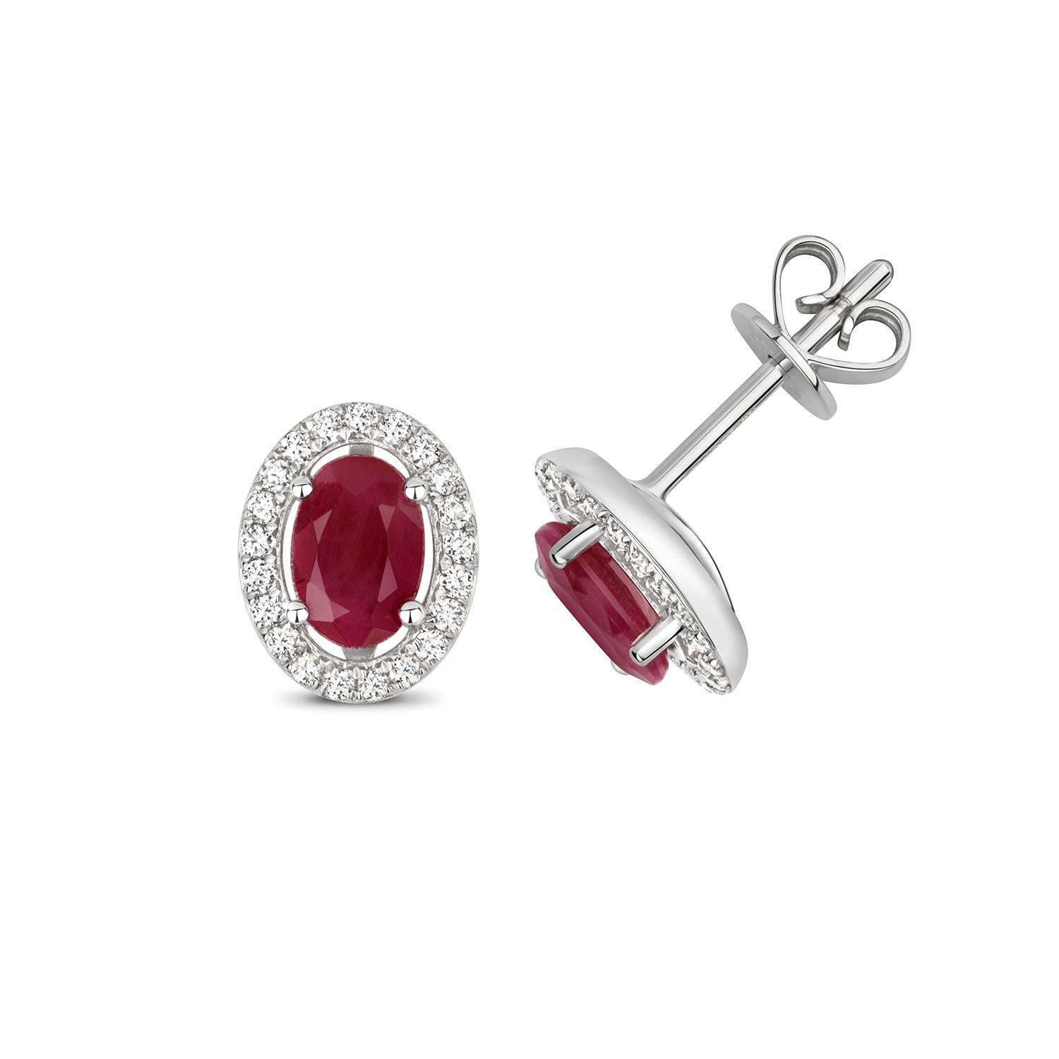 DIAMOND & RUBY OVAL HALO STUDS IN 9CT WHITE Gold In New Condition For Sale In Ilford, GB