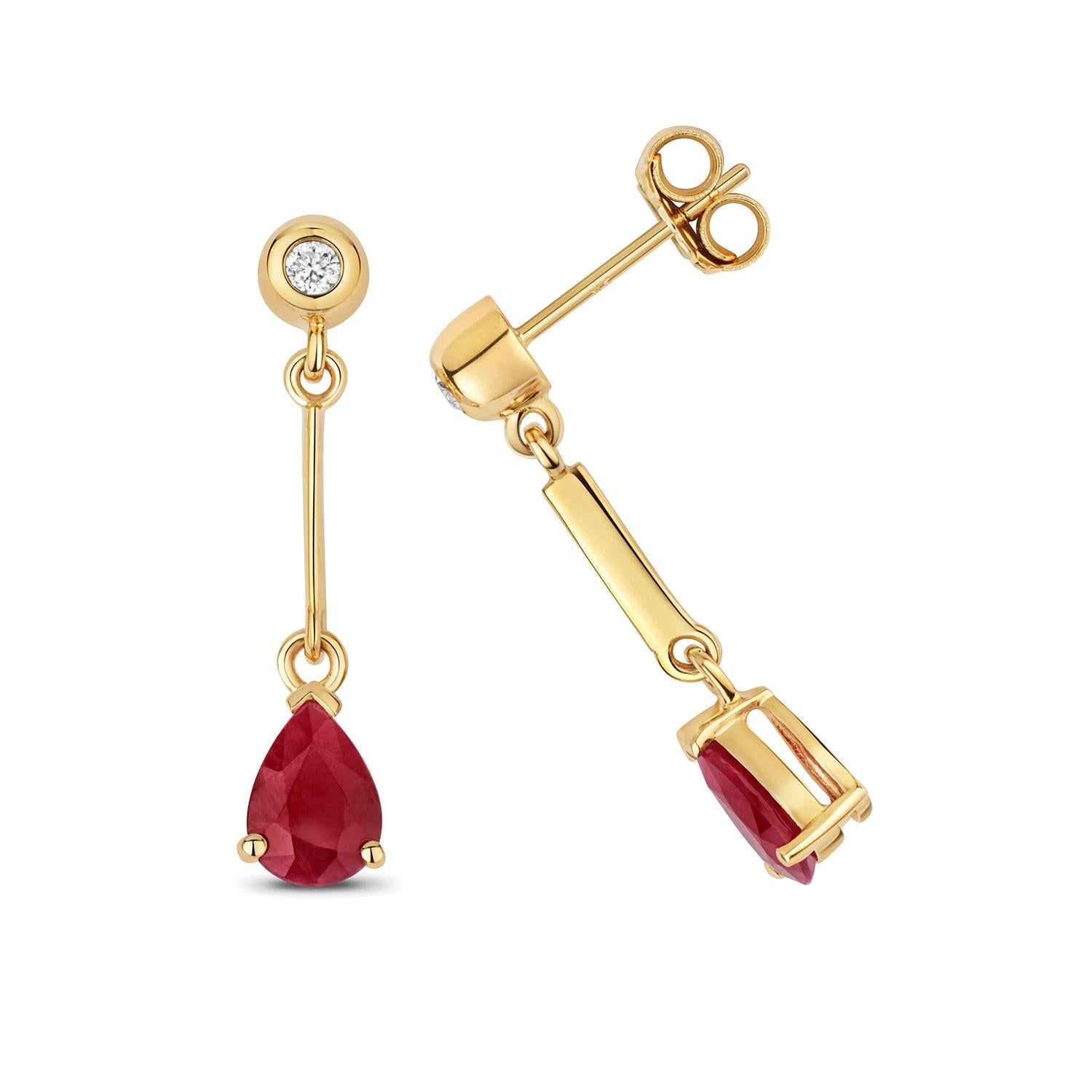 DIAMOND & RUBY PEAR SHAPE BAR DROPS IN 9CT Gold In New Condition For Sale In Ilford, GB