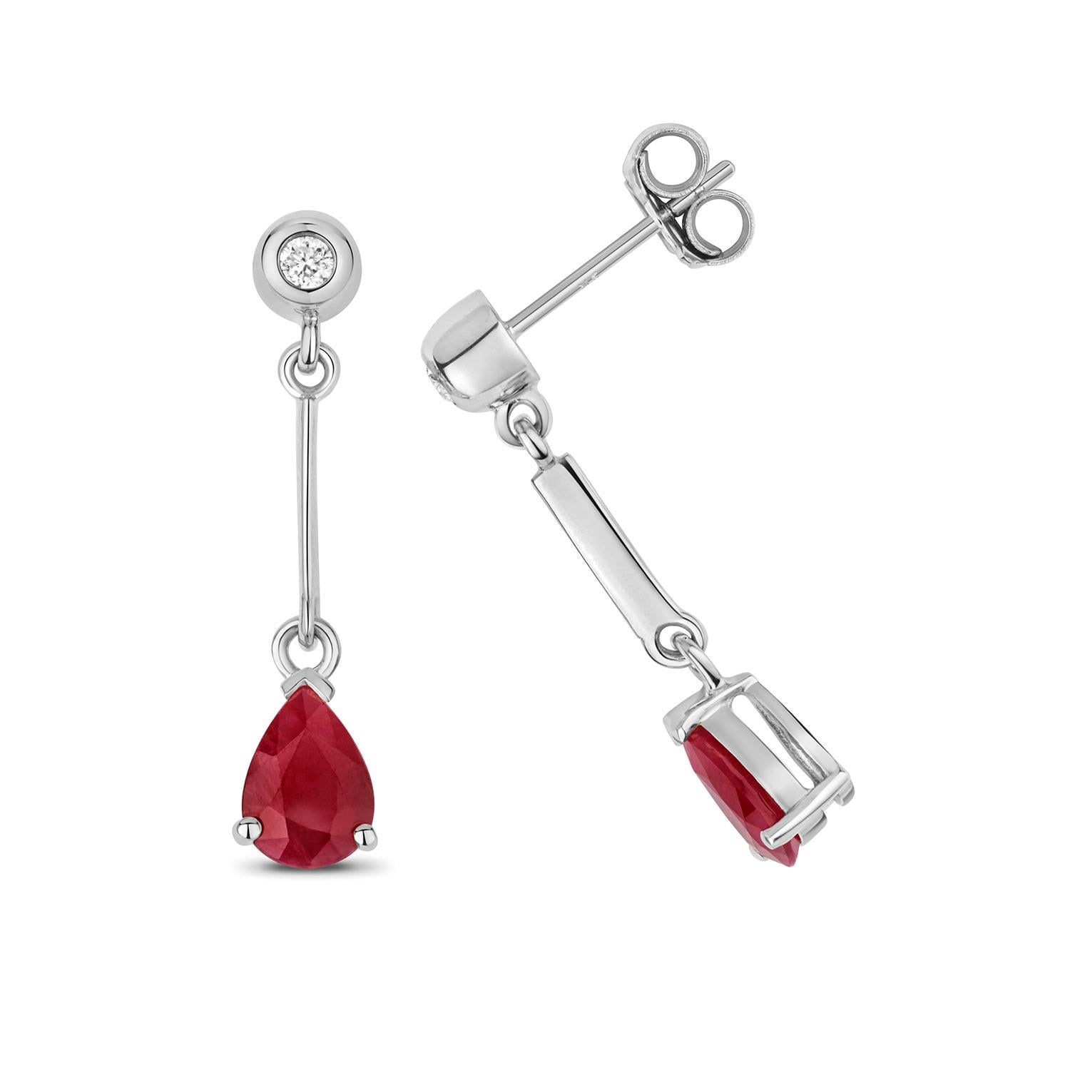 DIAMOND & RUBY PEAR SHAPE BAR DROPS IN 9CT WHITE Gold  For Sale 1