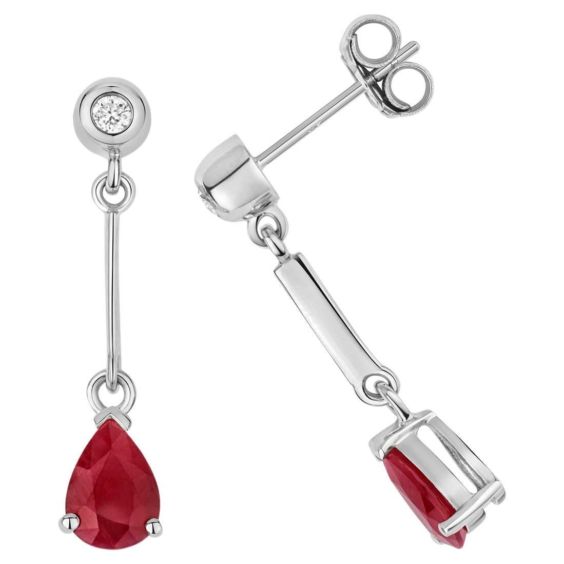 DIAMOND & RUBY PEAR SHAPE BAR DROPS IN 9CT WHITE Gold  For Sale