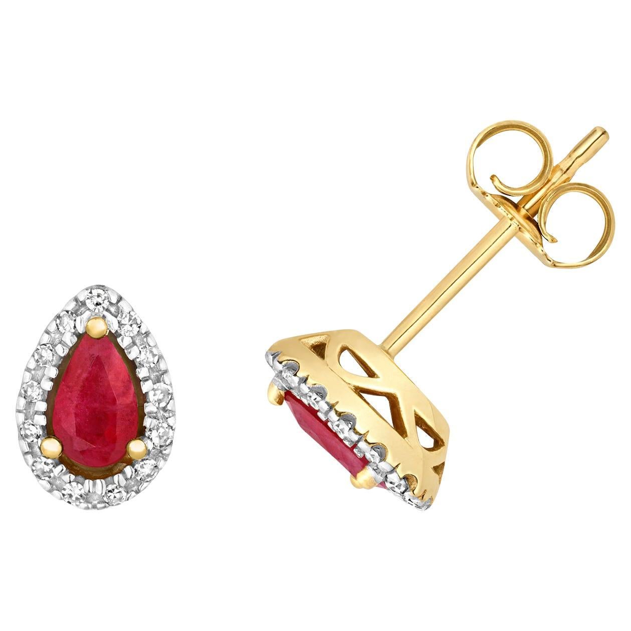 DIAMOND & RUBY PEAR SHAPE HALO STUDS IN 9CT Gold