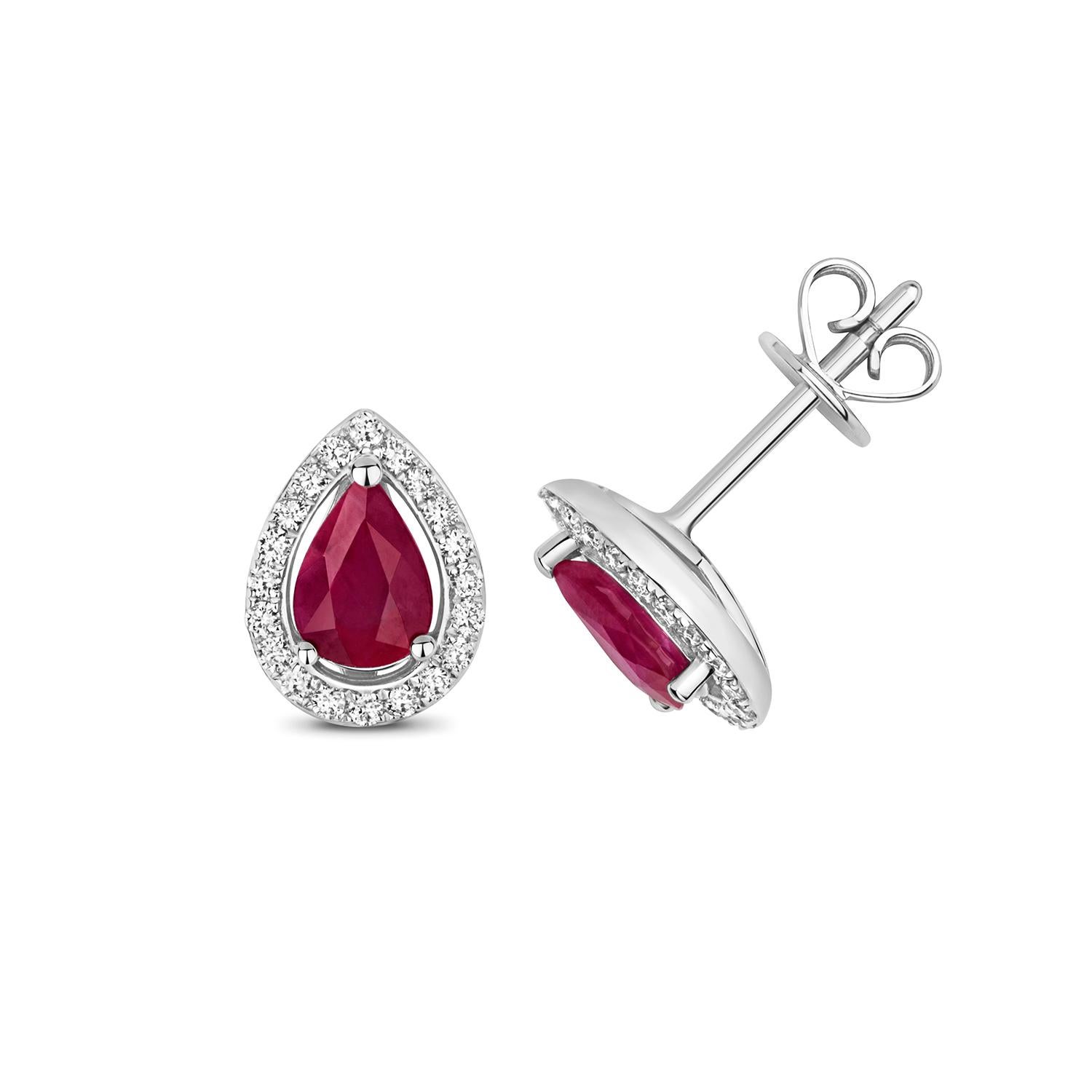 DIAMOND & RUBY PEAR SHAPE HALO STUDS IN 9CT WHITE Gold In New Condition For Sale In Ilford, GB