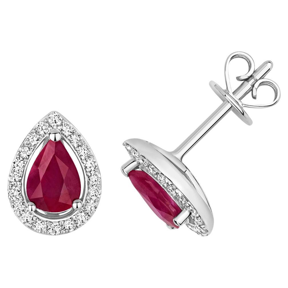 DIAMOND & RUBY PEAR SHAPE HALO STUDS IN 9CT WHITE Gold