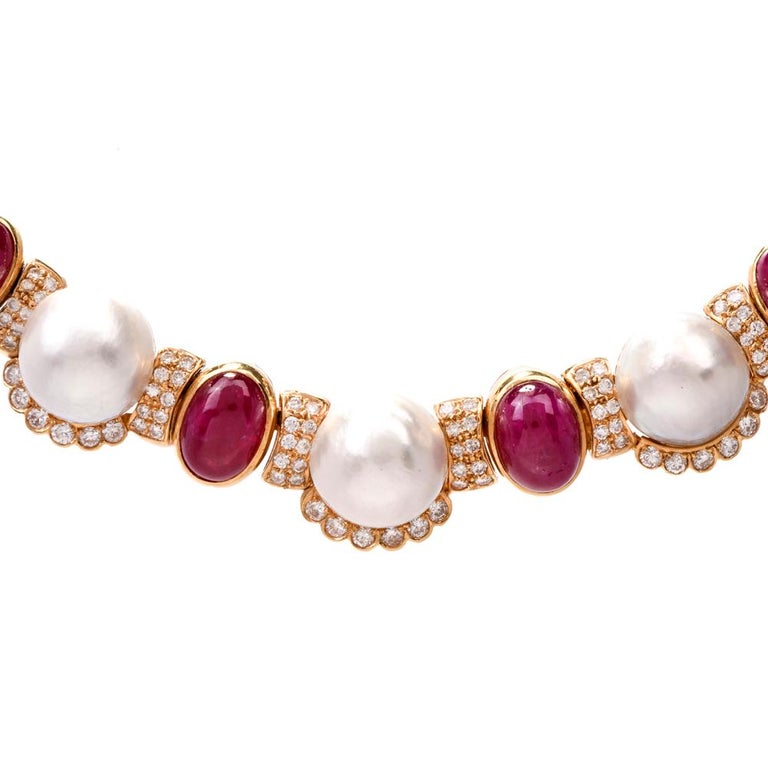 Diamond Ruby Pearl 18 Karat Yellow Gold Choker Necklace For Sale at