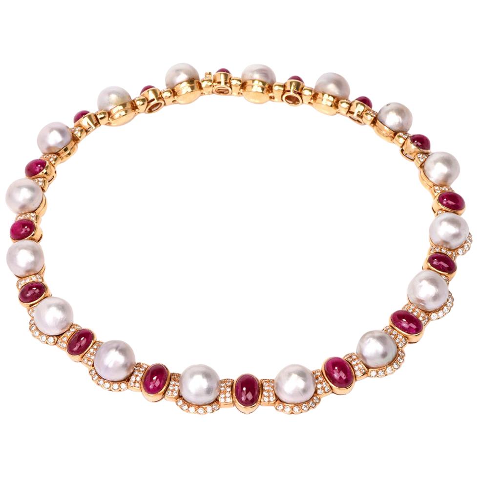  Diamond Ruby Pearl 18 Karat Yellow Gold Choker Necklace