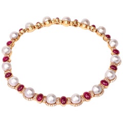  Diamond Ruby Pearl 18 Karat Yellow Gold Choker Necklace