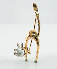 Cat Brooch Pin Diamond Ruby Pearl 14K Gold Vintage