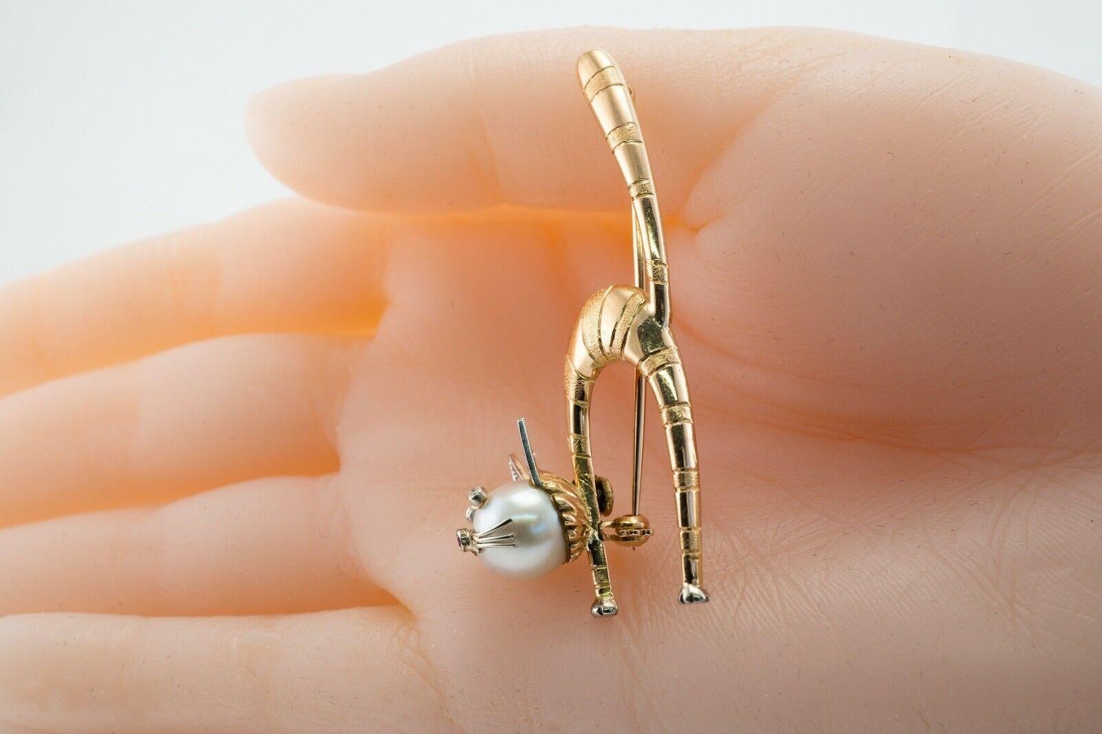 Diamant Rubis Perle Pendentif Chat Broche Or 14K Vintage en vente 1