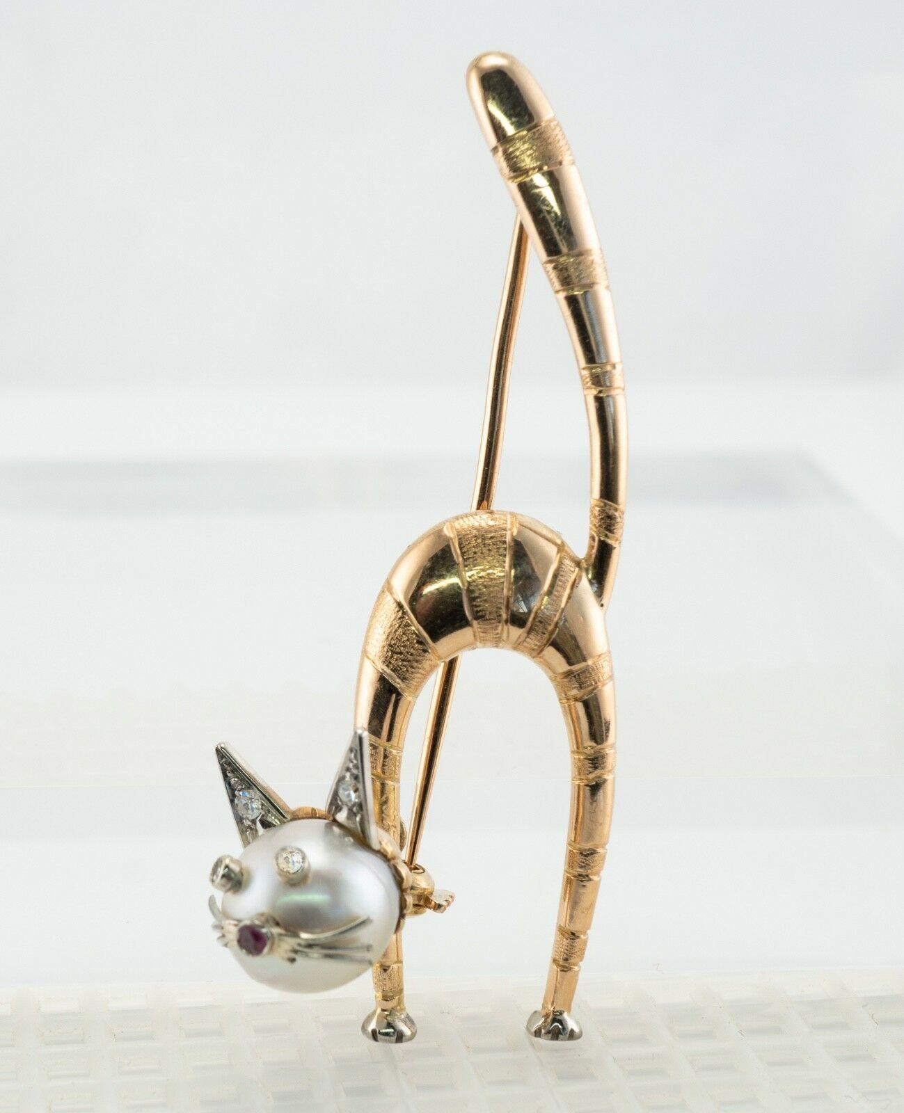 Diamant Rubis Perle Pendentif Chat Broche Or 14K Vintage en vente 2