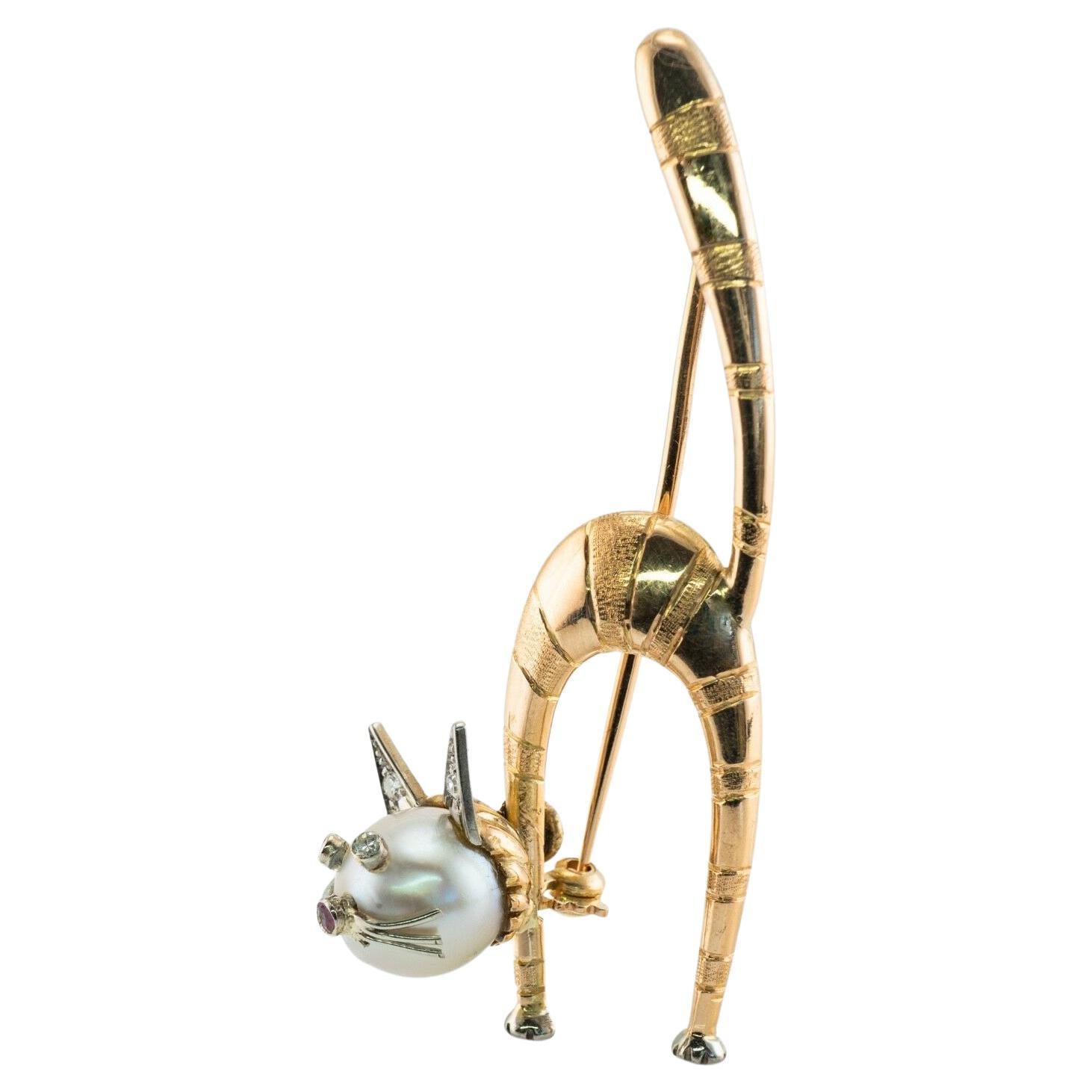 Brosche mit Katzenanhänger, Diamant Rubin Perle Katzenanhänger 14K Gold Vintage