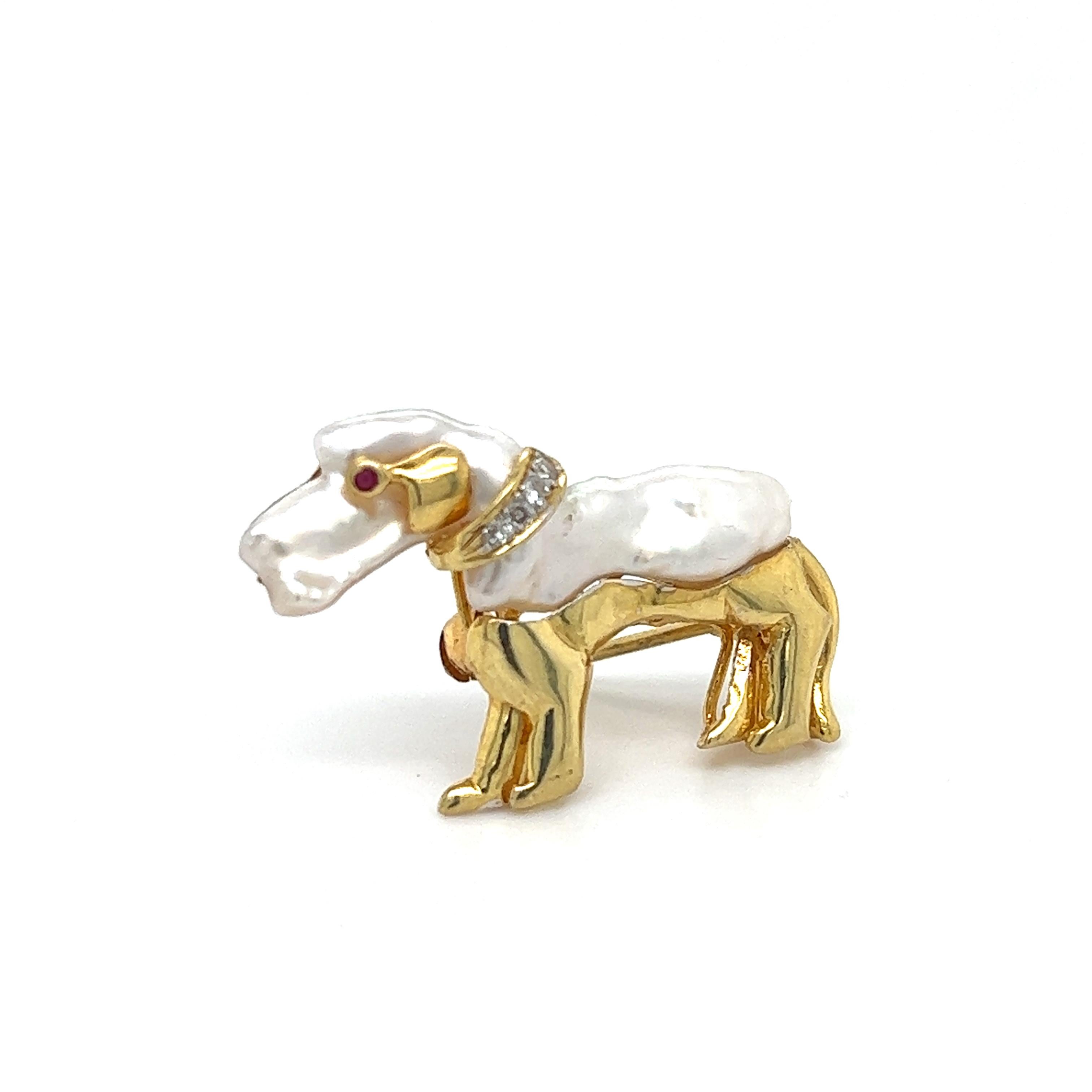 Hundebrosche mit Diamant-Rubin- und Perlen- Dachshund-Anhänger 14k Gelbgold (Zeitgenössisch) im Angebot