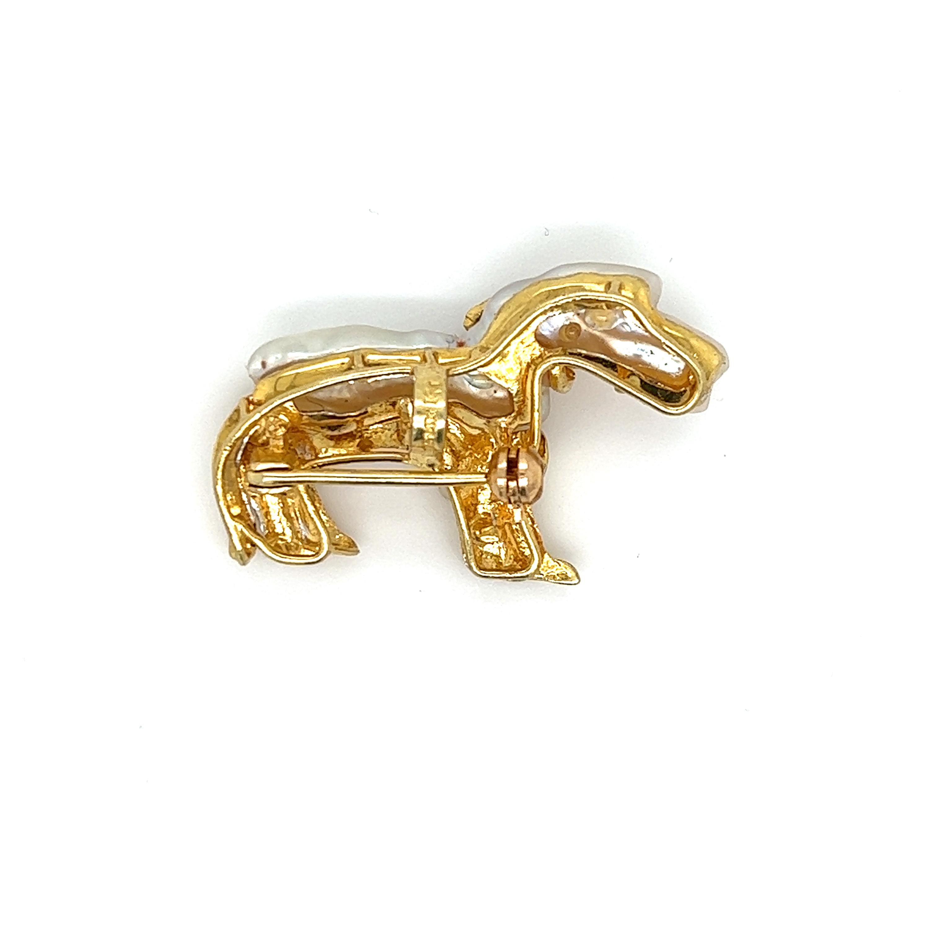 Mixed Cut Diamond Ruby & Pearl Dachshund Dog Brooch Pendant 14k Yellow Gold For Sale
